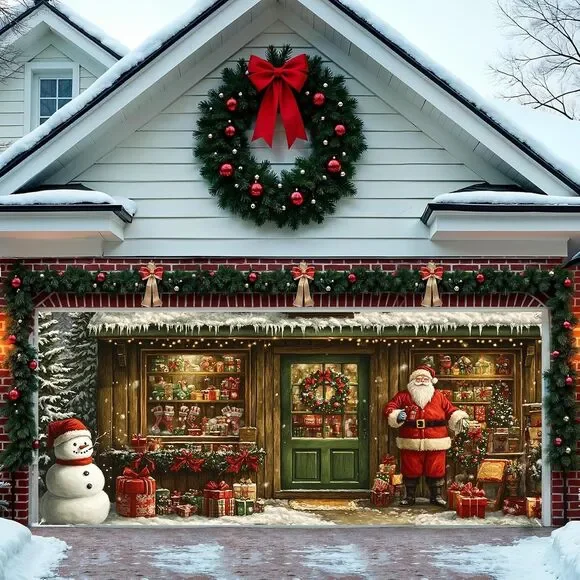 Christmas Santa Garage Door Cover Decorations, 6x13 ft Vintage Christmas Santa's - Picture 1 of 10
